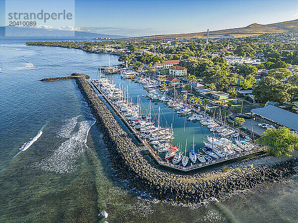 An aerial view of Lahaina harbor and town including the Pioneer Inn  Maui  Hawaii  USA.