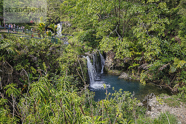 Waterfalls flowing into a clear pond in Puaa Kaa State Wayside Park at side of Road to Hana  Maui  Hawaii  USA.