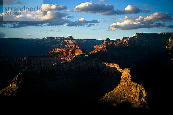 View of the late afternoon sun setting on Grand Canyon National Park in Arizona.