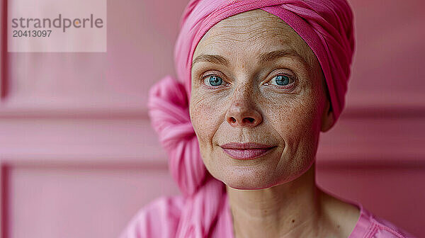 woman in her 40s with pink scarf on her head