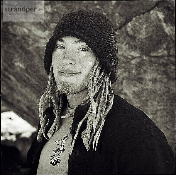 A rock climber poses for a portrait at Hueco Tanks State Park  Texas