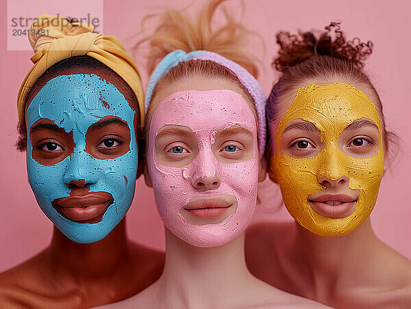 Three women different colored face masks.pink background.