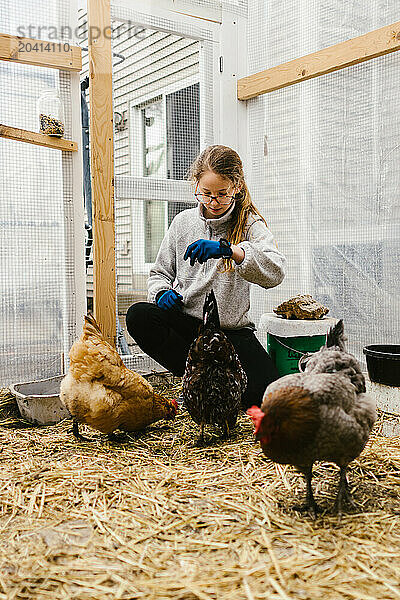 Girl in glasses sprinkles food in hen house for chickens in yard