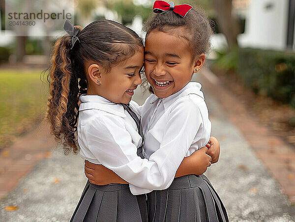 African American girls in school uniforms hugging