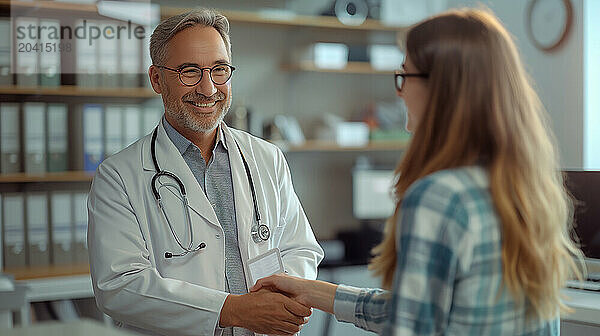 Smiling doctor shaking hands with patient in medical office