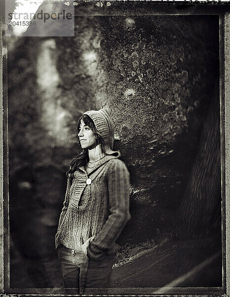 A young  female rockclimber poses for a portrait in Flagstaff  Arizona