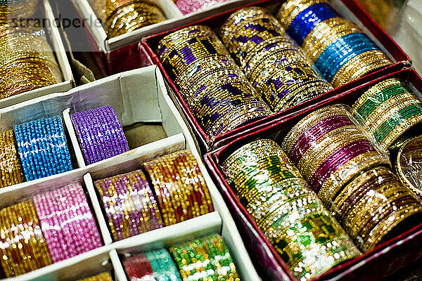 Glittering boxes of traditional Indian bangles. Puducherry  India.