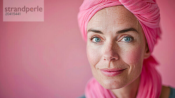 woman in her 30s with pink scarf on her head