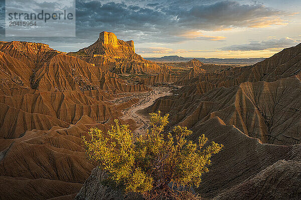 Sunset Over Bardenas Reales Desert Badlands Canyon  Northern Spain