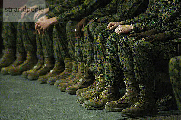 U.S. Marines at Camp Lejeune in North Carolina listen to a speach.