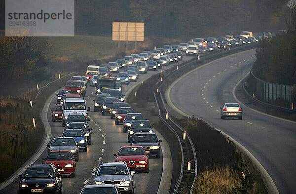 Morning traffic tailback  on the highway between Helsinor and Copenhagen