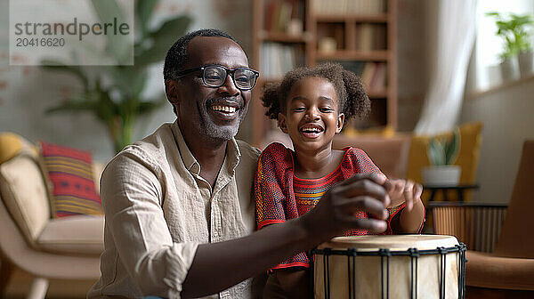 Happy black family playing african drum at home