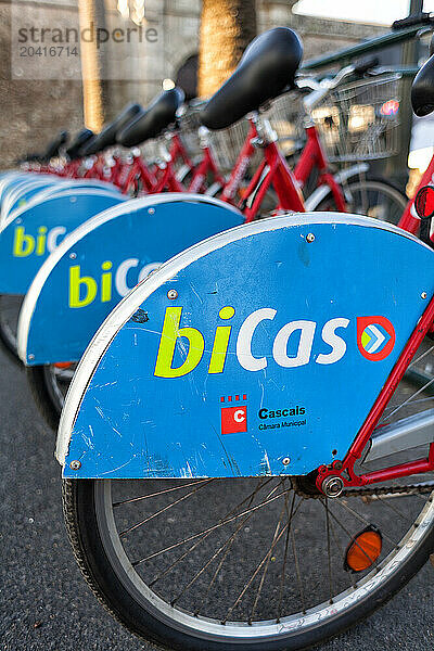 Detail of a row Bicycle rental in the city of Cascais. Sintra. Portugal