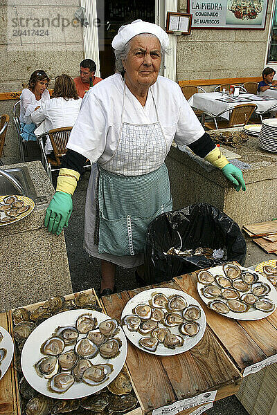 old woman preparing oysters in the market da pedra vigo pontevedra galicia spain