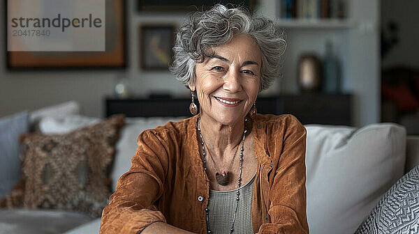 A woman is sitting on a couch and smiling