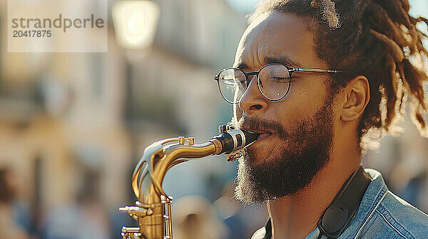 Street musician playing saxophone in urban setting