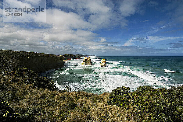 Two of the Twelve Apostles along the 243-kilometer stretch of the Great Ocean Road in Victoria  Australia.