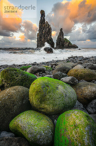 Towering Sea Stacks at Ribeira da Janela Battered by Waves at Sunset