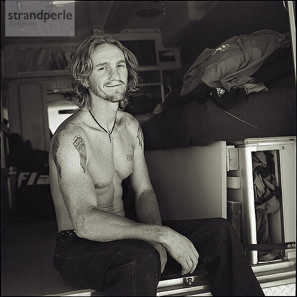 A rock climber poses for a portrait at Hueco Tanks State Park  Texas