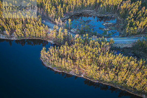 Aerial View of Lakeside Camp Site with Campervan in Northern Ontario