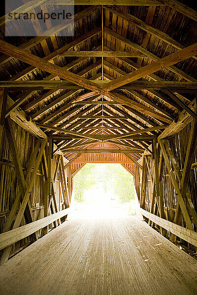 Inside a wooden covered bridge