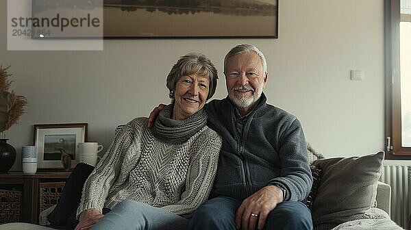 A man and woman are sitting on a couch  smiling at the camera