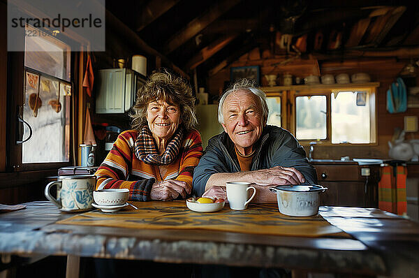 Happy elderly couple with coffee at rustic kitchen