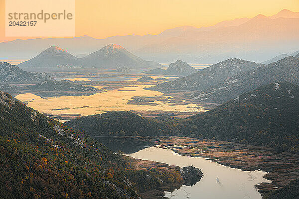 Autumnal twilight over Swamps of Skadar Lake  Rijeka Crnojevica