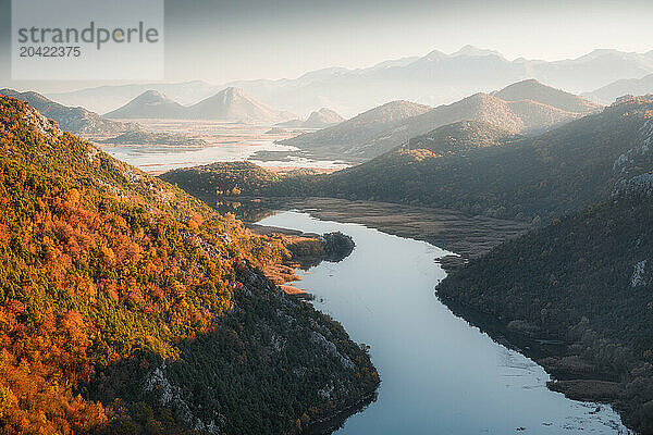 Autumnal Sunset over Swamps of Skadar Lake near Rijeka Crnojevica