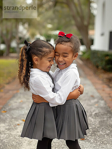 Two African American girls in school uniforms hugging and smiling