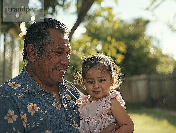 Grandfather holding granddaughter warm sunny day