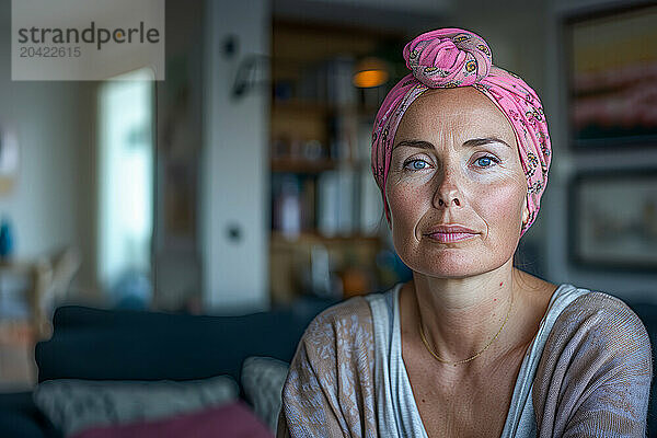 woman in her 30s with pink scarf on her head