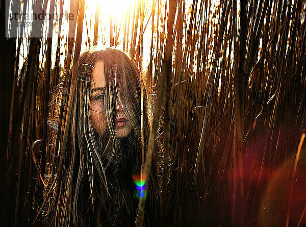 Beautiful young girl peeking through long blonde hair in sunny field