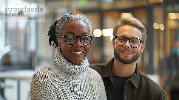 Middle-aged African American woman and young Caucasian man smiling