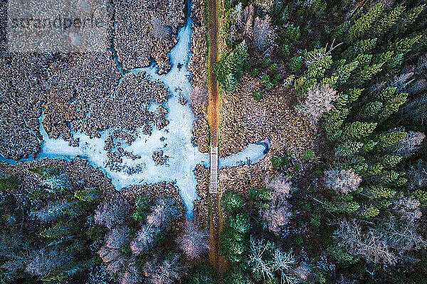 Winter boardwalk trail over frozen creek  Thunder Bay aerial