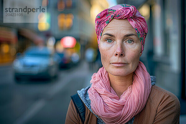 woman in her 40s with pink scarf on her head