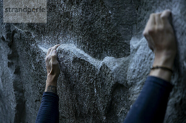 Climber grasping rock in Magic Wood  Switzerland  close-up view