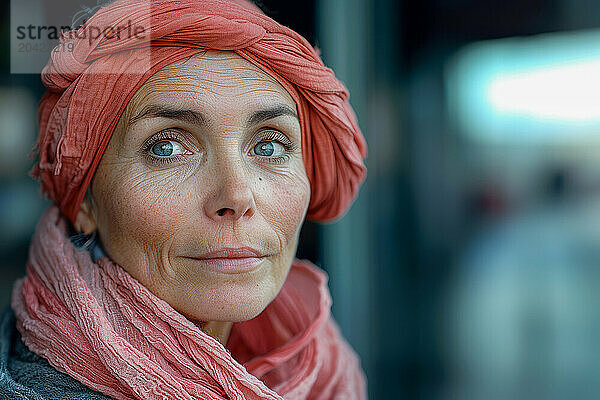 woman in her 30s with pink scarf on her head