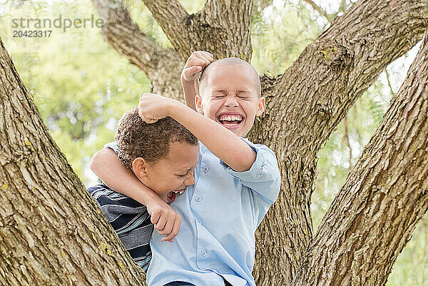 Brothers giving each other a nuggie and laughing together