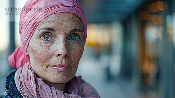 woman in her 30s with pink scarf on her head