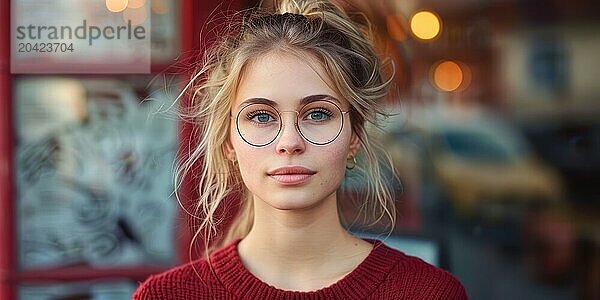 Young woman with glasses and messy hair in a red sweater