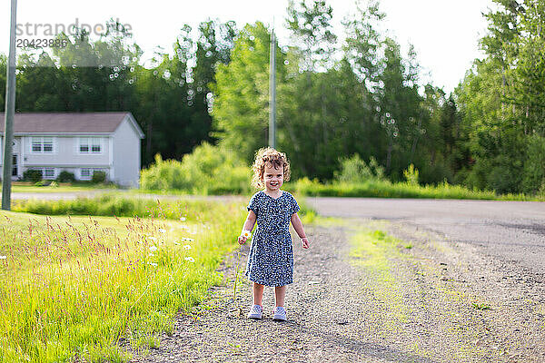 Toddler girl picking flowers by side of road