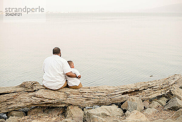 Father and son sitting on a log looking out at the water