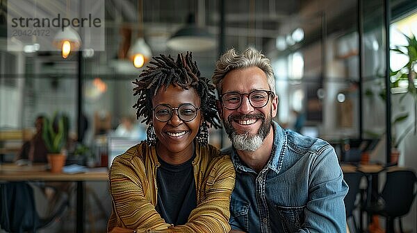 African American woman and Caucasian man working in a modern office