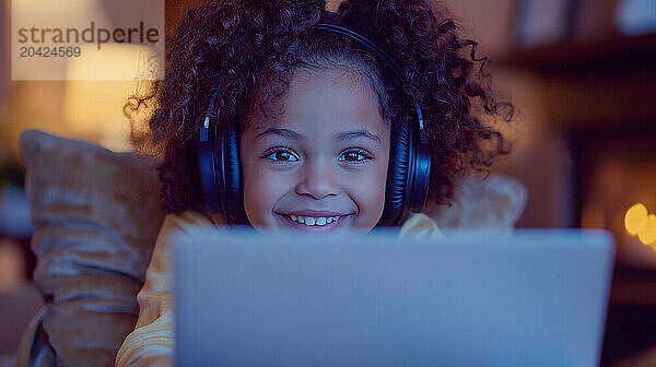 Cute little girl wearing headphones smiling while using laptop at home