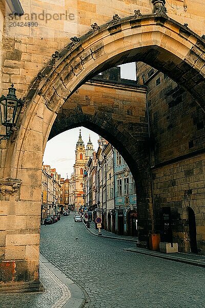 early in the morning on the street in Prague  no people