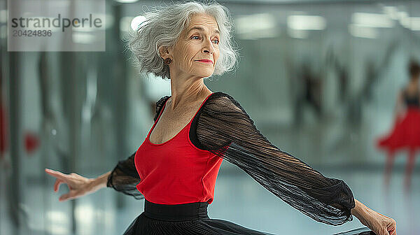 Senior woman with grey hair dancing ballet in a dance studio