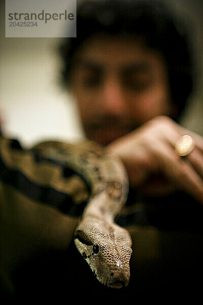 Close-up of a young man holding a snake in his hand in Ventura  California.