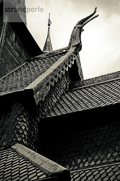 Close-up of the architectural and roof detail of the Lom Stavkyrkje in Lom  Norway.