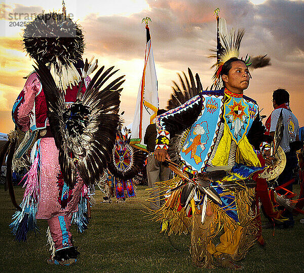 Native Americans perform a dance at a powwow in Mesa Verde  Colorado.